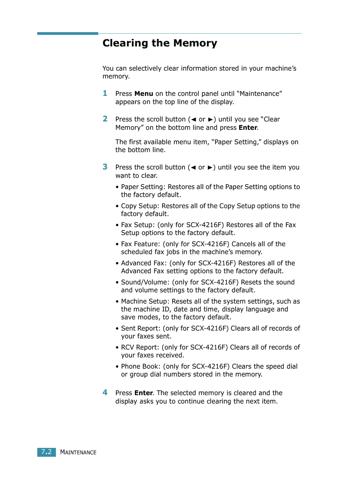 Samsung SCX-4216F manual Clearing the Memory 