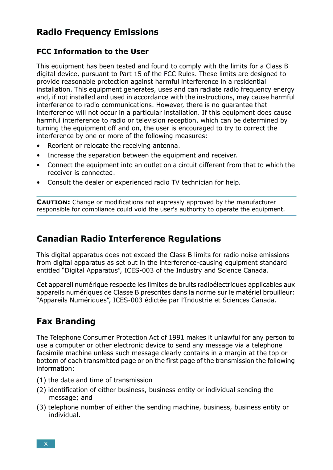 Samsung SCX-4216F manual Radio Frequency Emissions, Canadian Radio Interference Regulations, Fax Branding 