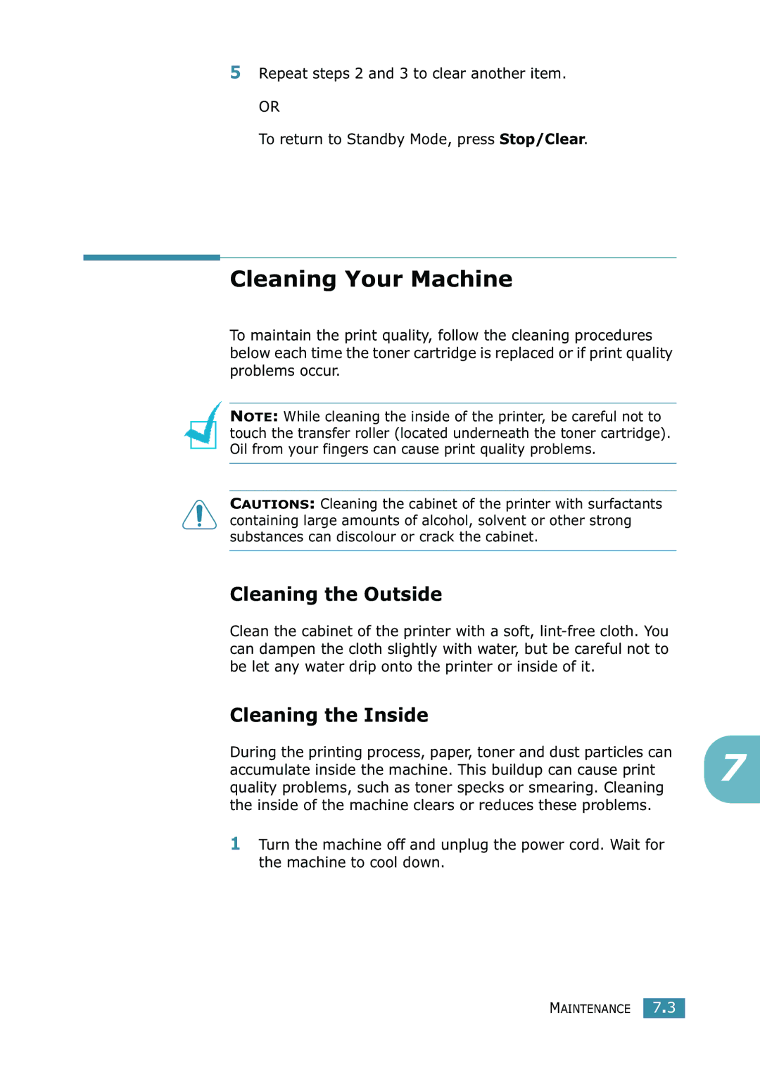 Samsung SCX-4216F manual Cleaning Your Machine, Cleaning the Outside, Cleaning the Inside 