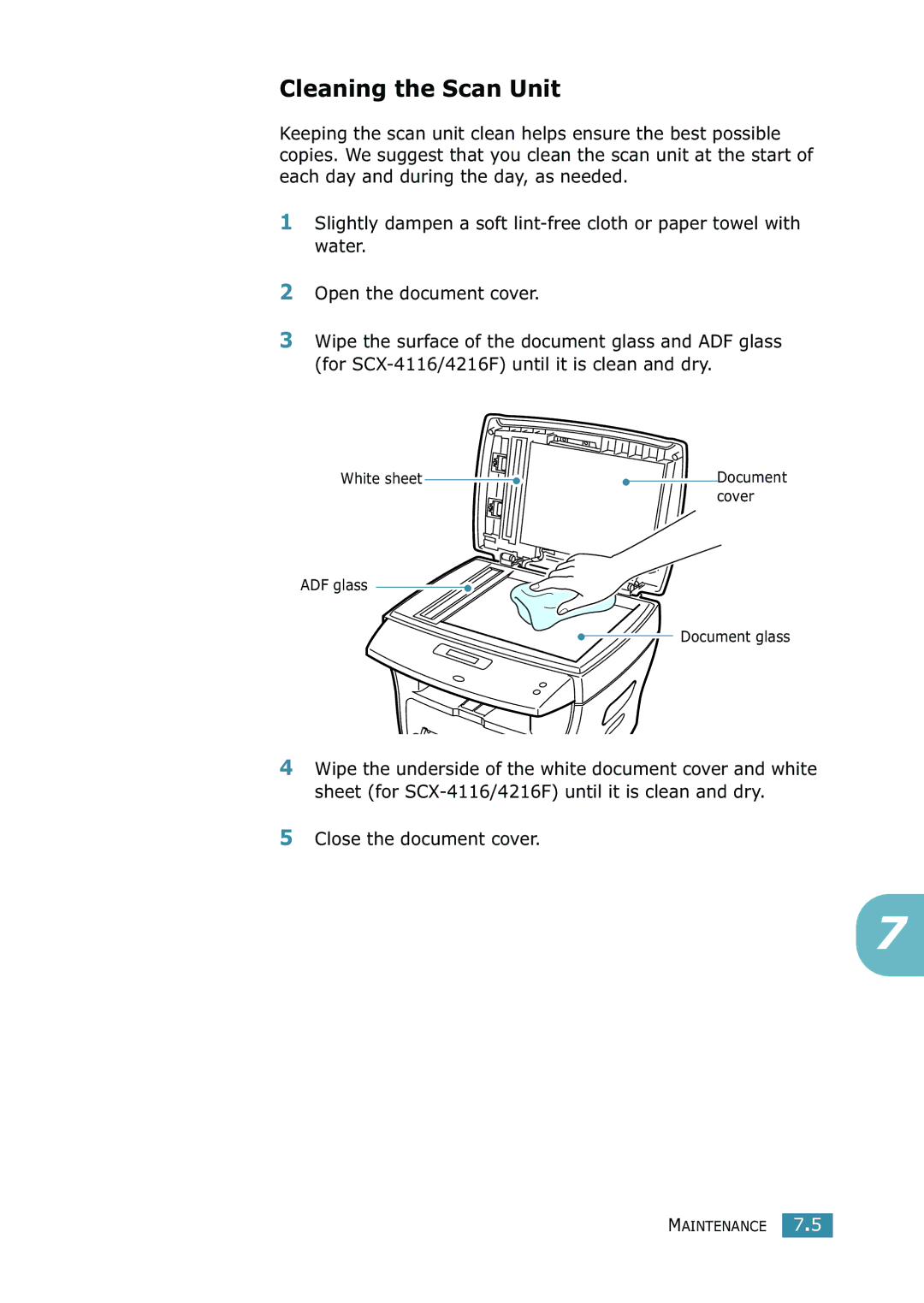 Samsung SCX-4216F manual Cleaning the Scan Unit, Close the document cover 