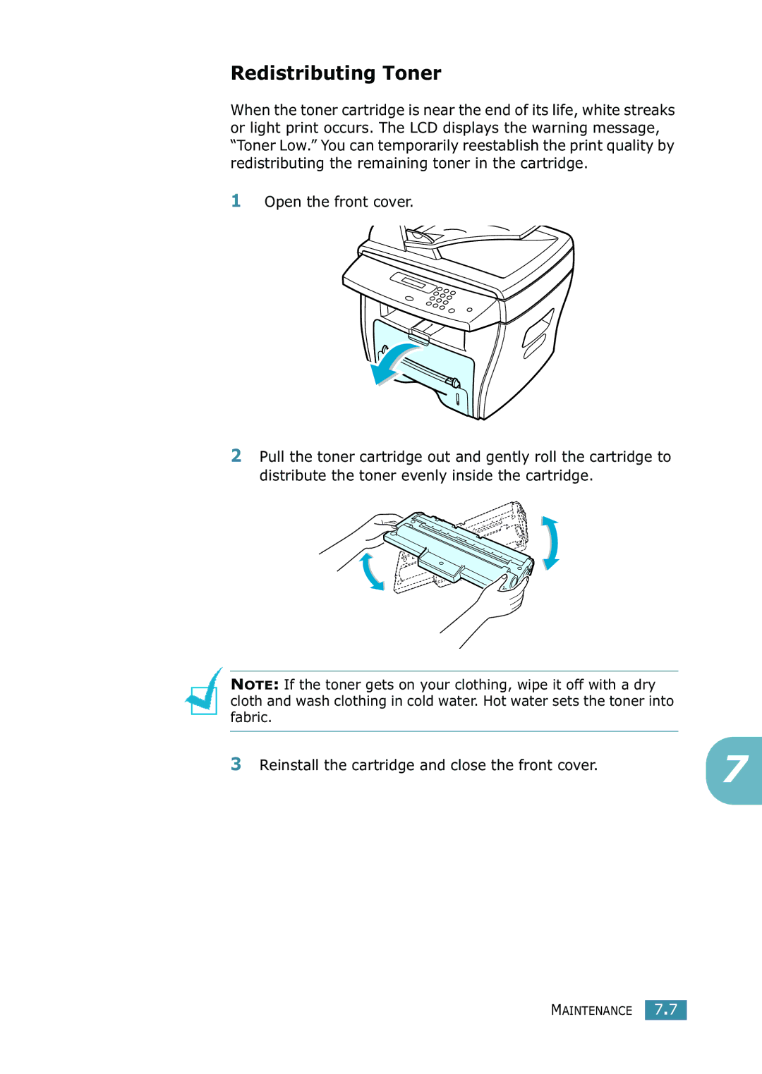 Samsung SCX-4216F manual Redistributing Toner 