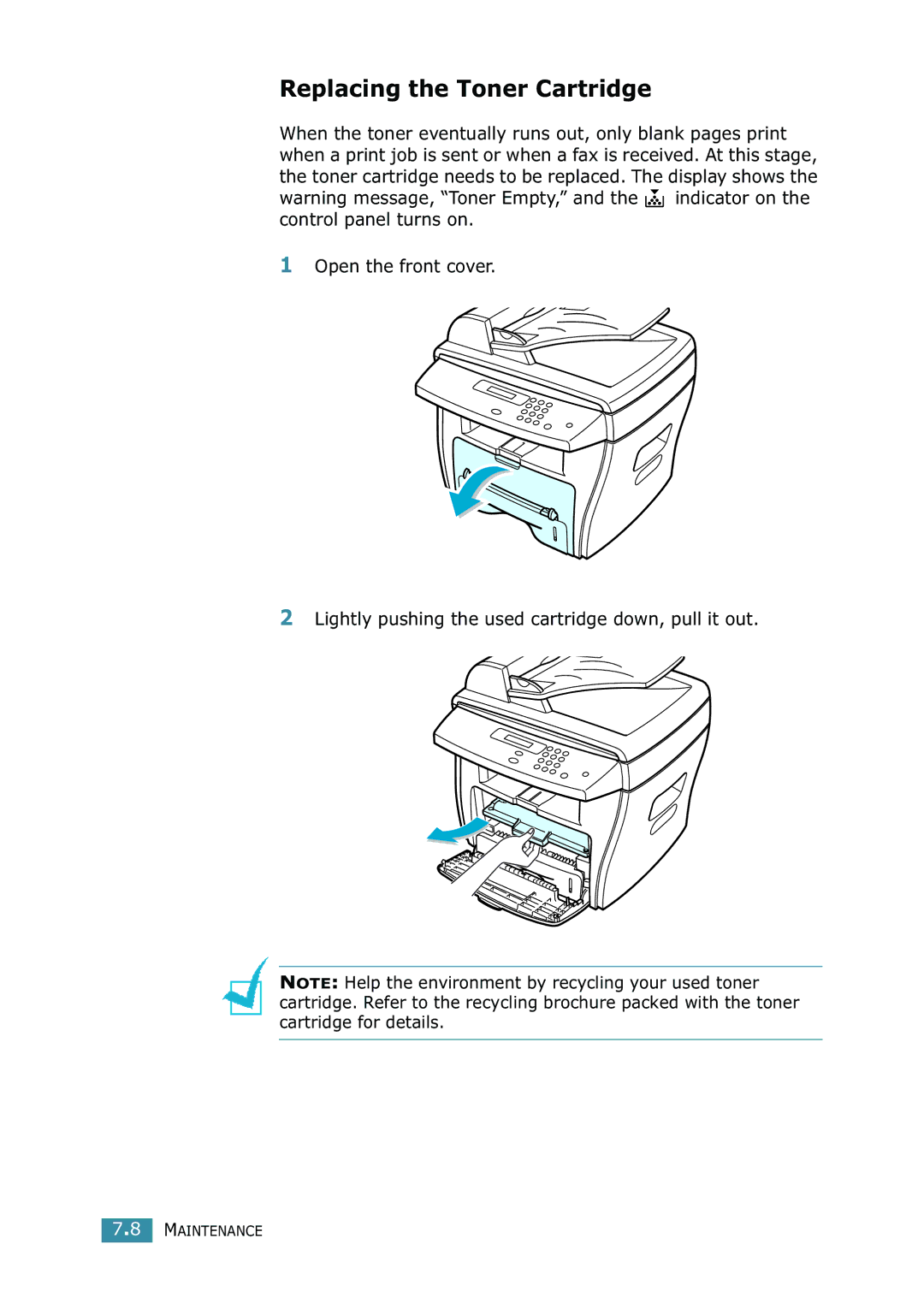 Samsung SCX-4216F manual Replacing the Toner Cartridge 