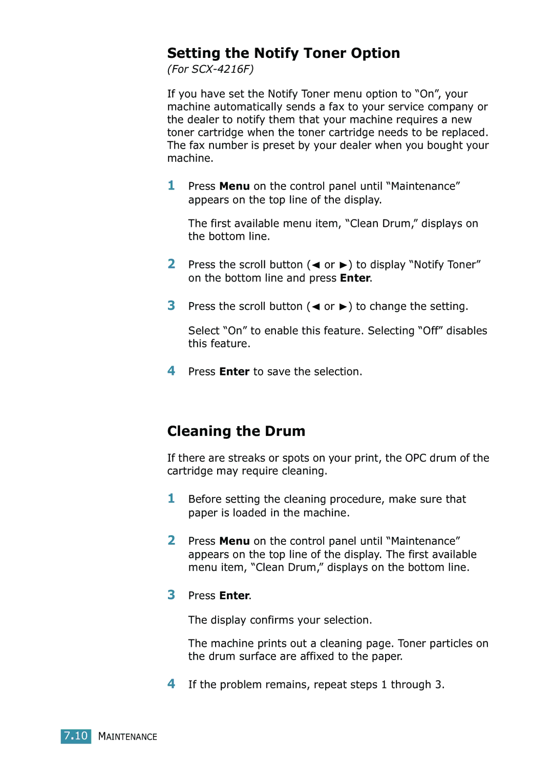 Samsung SCX-4216F manual Setting the Notify Toner Option, Cleaning the Drum 