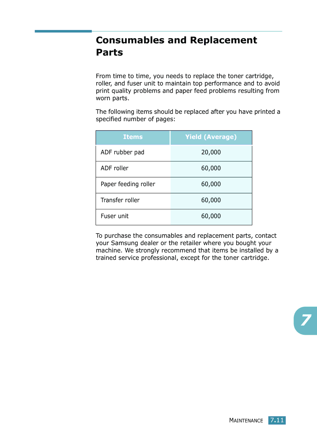 Samsung SCX-4216F manual Consumables and Replacement Parts, Items Yield Average 