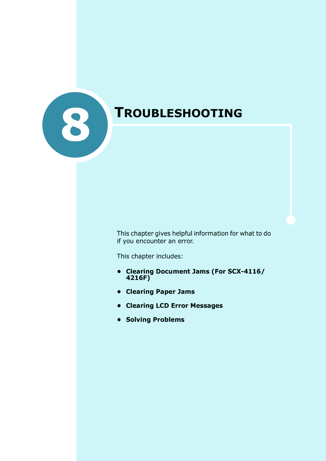 Samsung SCX-4216F manual Troubleshooting 