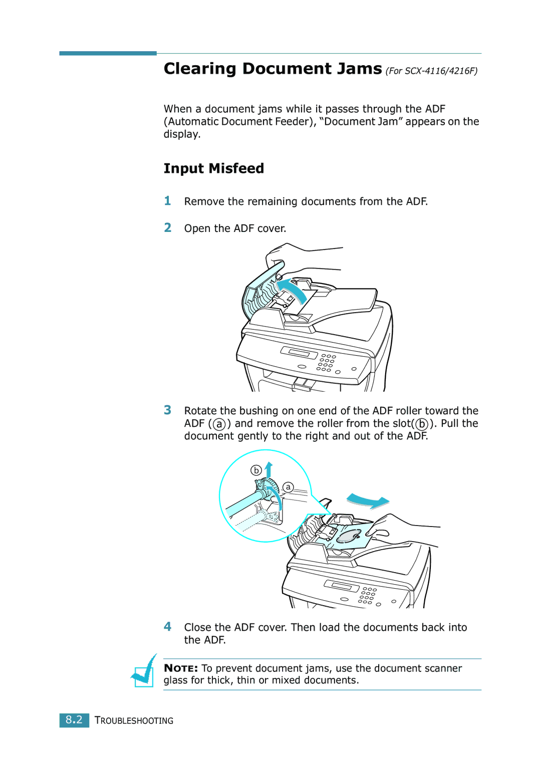 Samsung SCX-4216F manual Clearing Document Jams For SCX-4116/4216F, Input Misfeed 