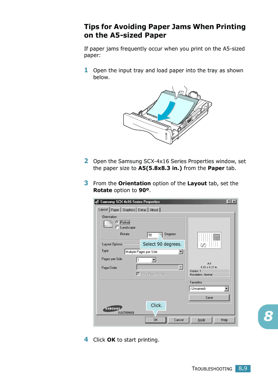 Samsung SCX-4216F manual Select 90 degrees Click 