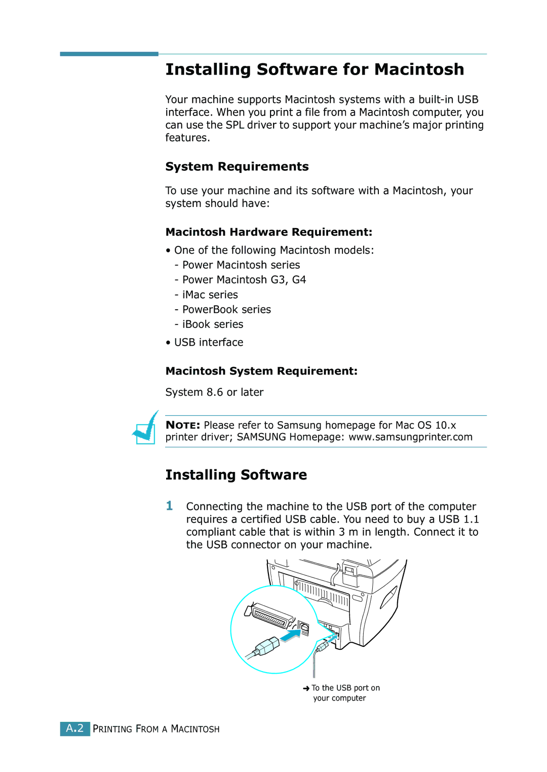 Samsung SCX-4216F manual Installing Software for Macintosh, System Requirements, Macintosh Hardware Requirement 