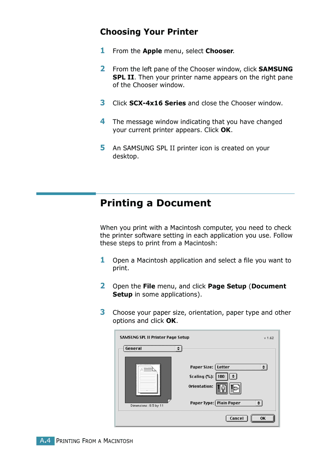 Samsung SCX-4216F manual Printing a Document, Choosing Your Printer 