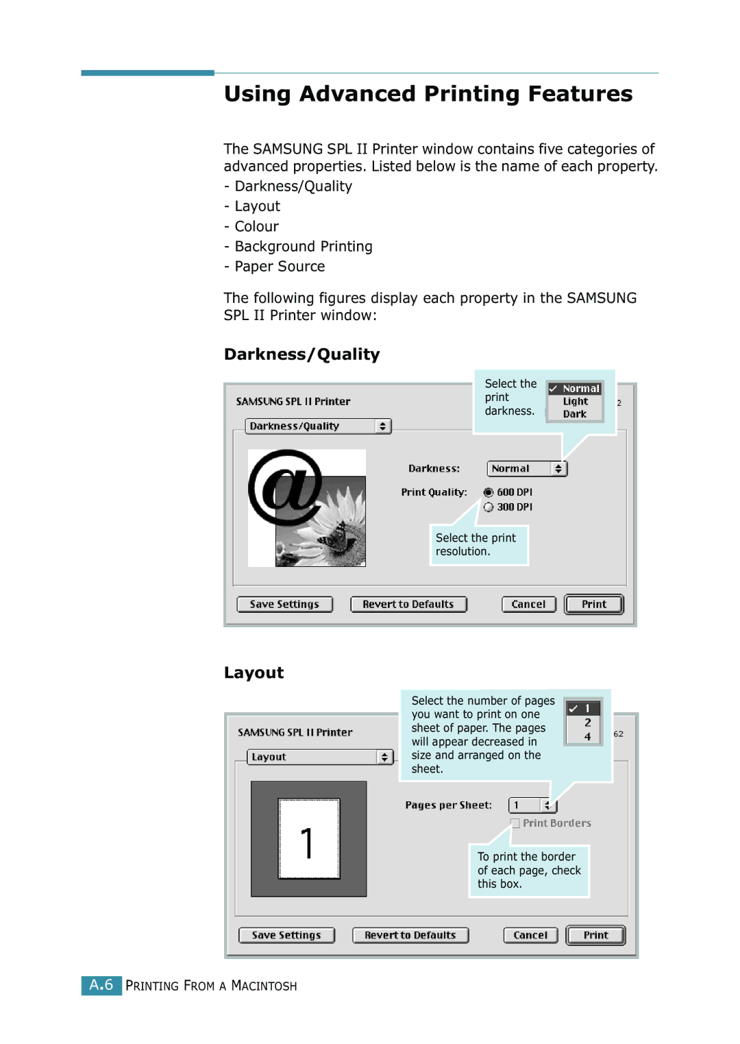 Samsung SCX-4216F manual Using Advanced Printing Features, Darkness/Quality, Layout 