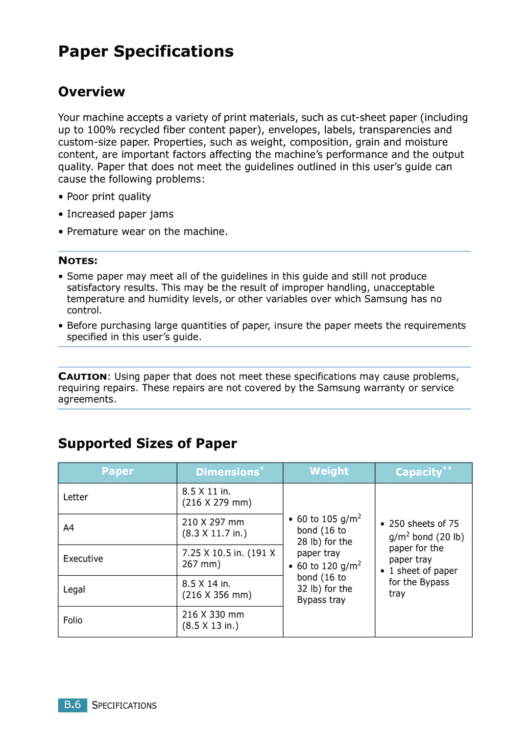 Samsung SCX-4216F manual Paper Specifications, Overview, Supported Sizes of Paper, Paper Dimensions Weight Capacity 