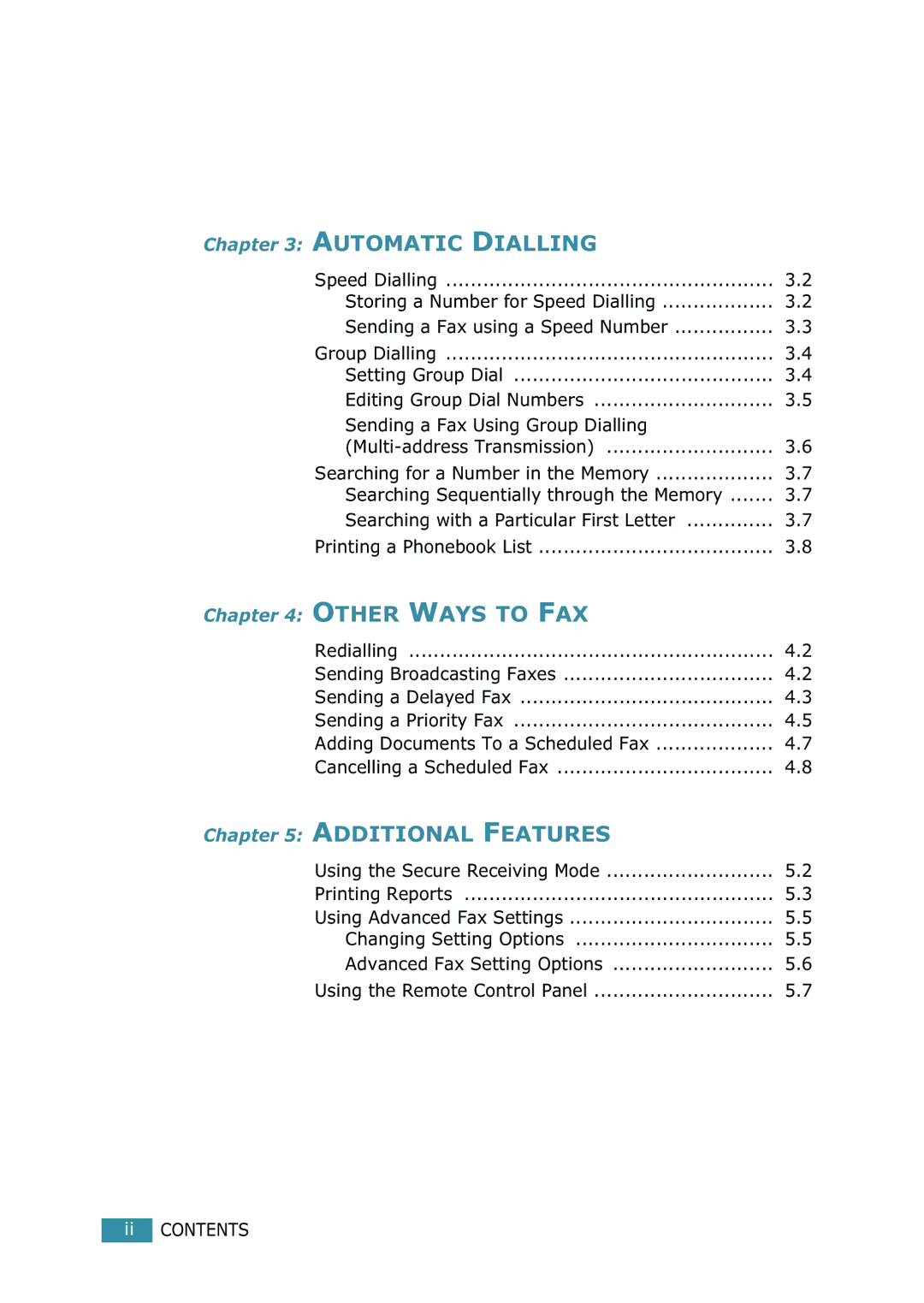 Samsung SCX-4216F manual Changing Setting Options Advanced Fax Setting Options, Ii Contents 