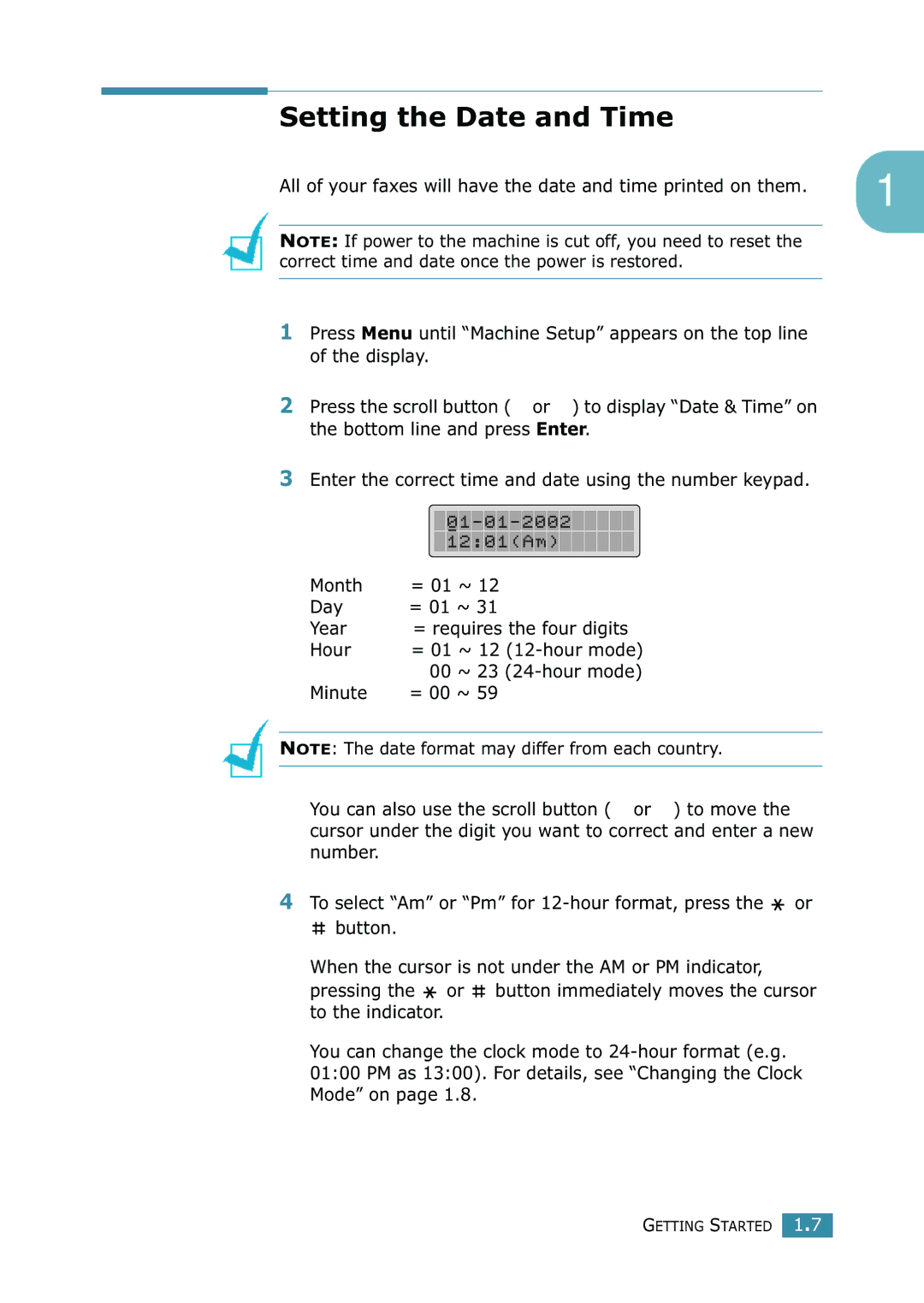 Samsung SCX-4216F manual Setting the Date and Time, ~ 23 24-hour mode 