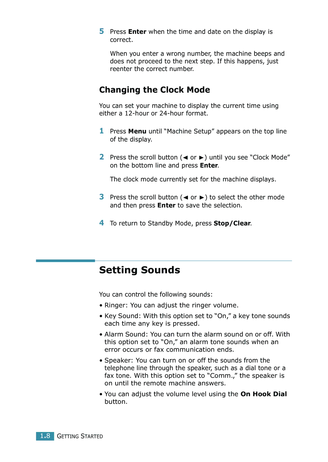 Samsung SCX-4216F manual Setting Sounds, Changing the Clock Mode 