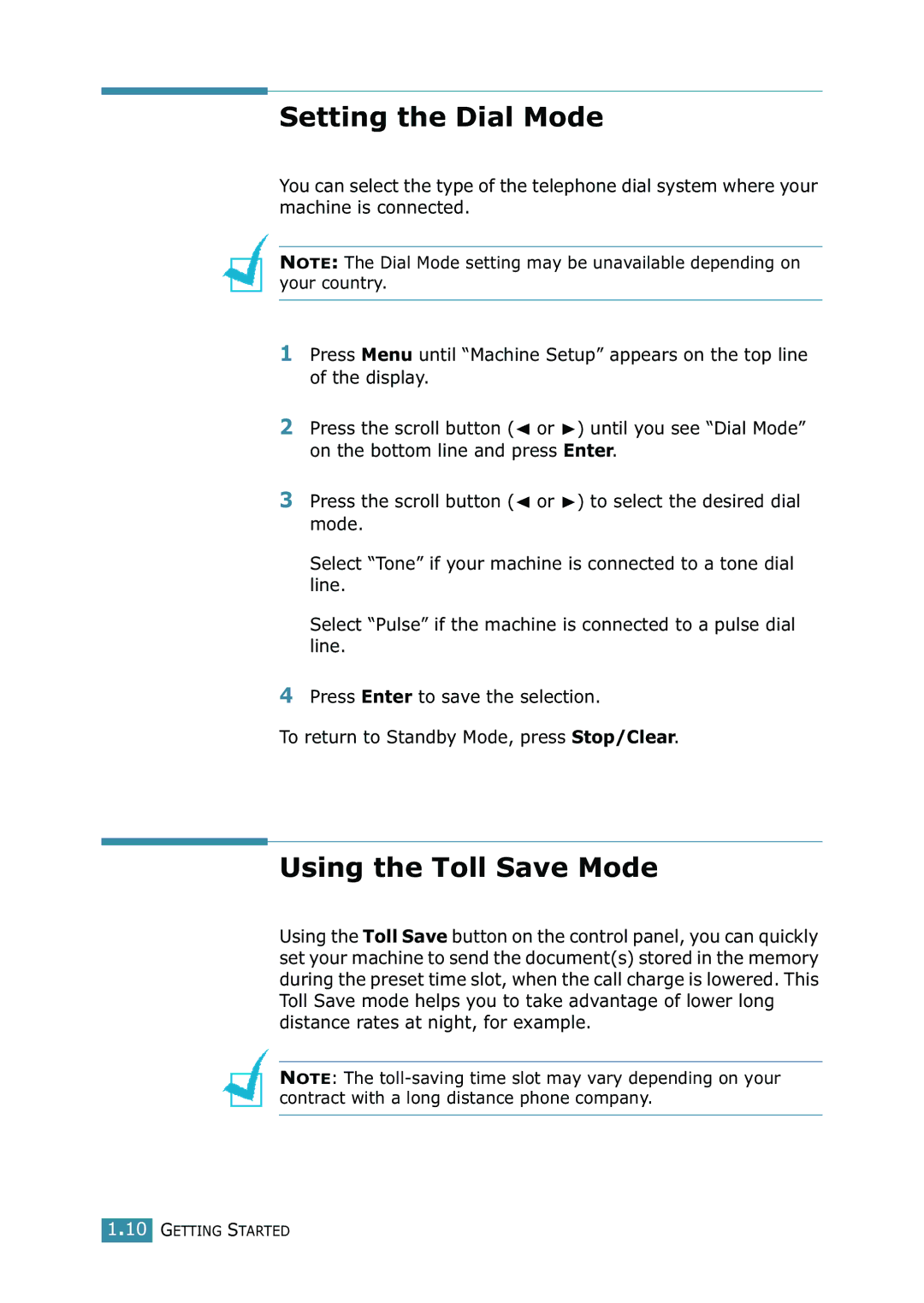 Samsung SCX-4216F manual Setting the Dial Mode, Using the Toll Save Mode 