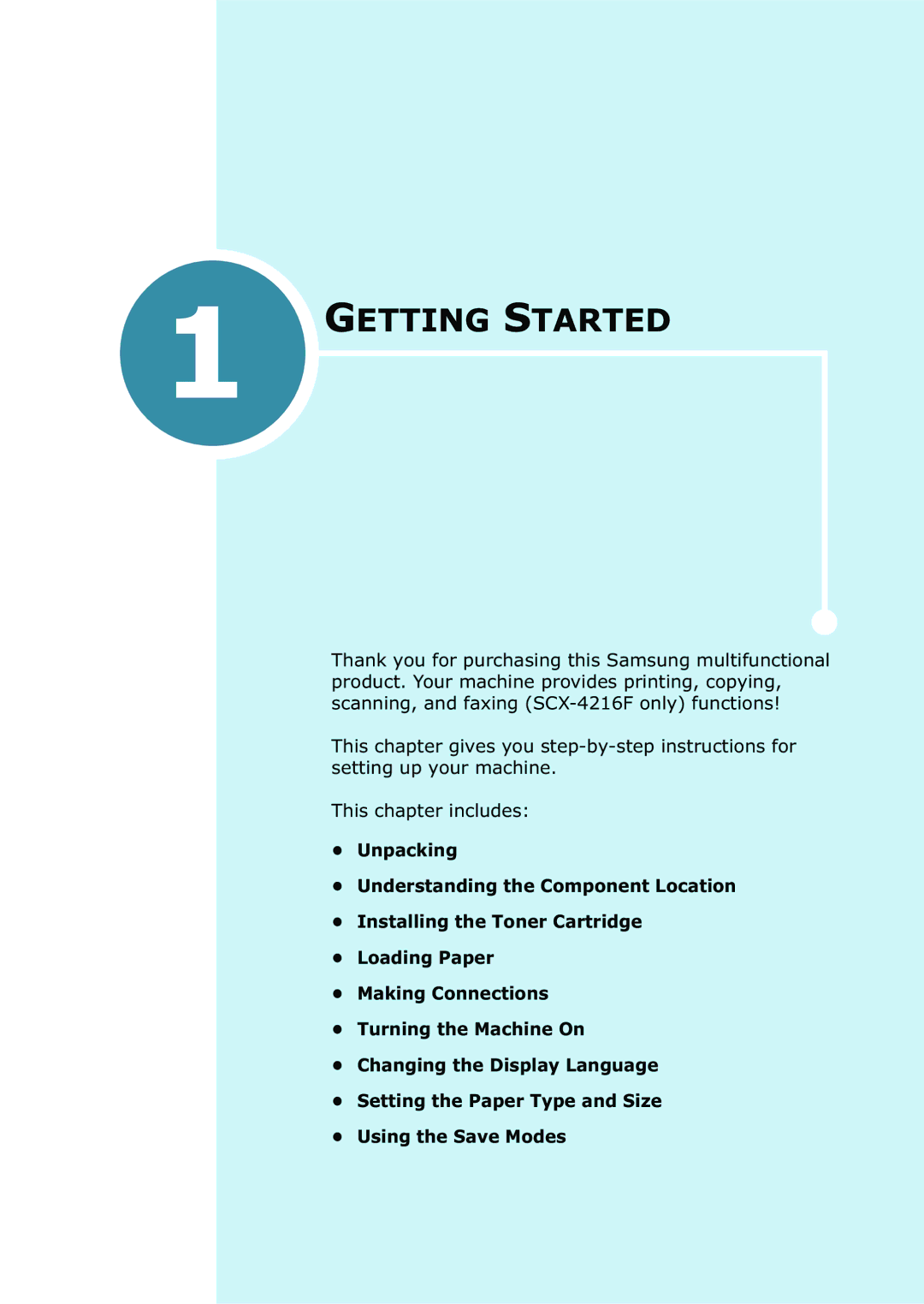 Samsung SCX-4216F manual Getting Started 