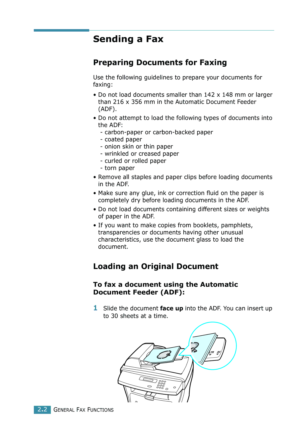 Samsung SCX-4216F manual Sending a Fax, Preparing Documents for Faxing, Loading an Original Document 