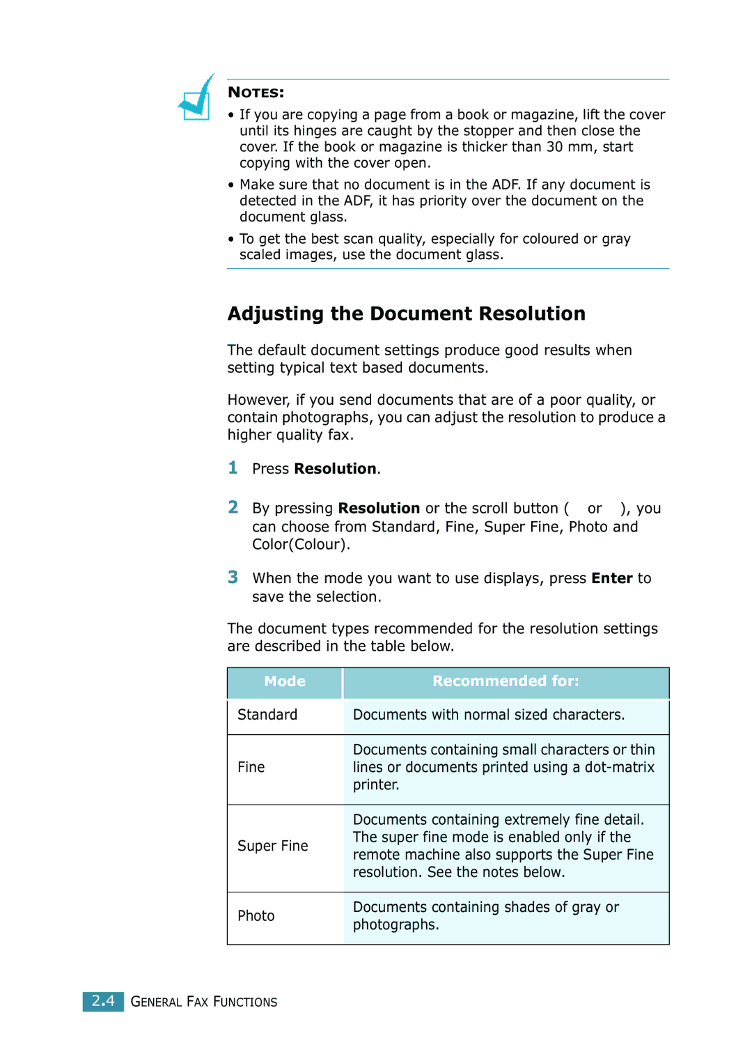 Samsung SCX-4216F manual Adjusting the Document Resolution, Press Resolution, Mode Recommended for 