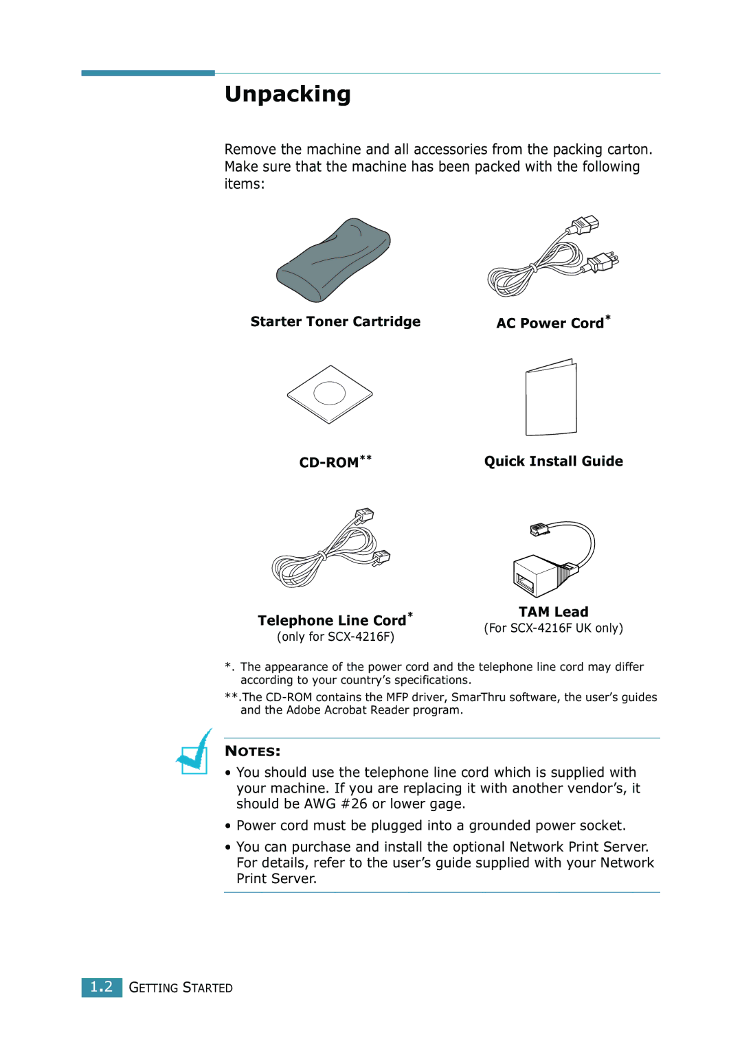 Samsung SCX-4216F manual Unpacking, Starter Toner Cartridge, Cd-Rom 