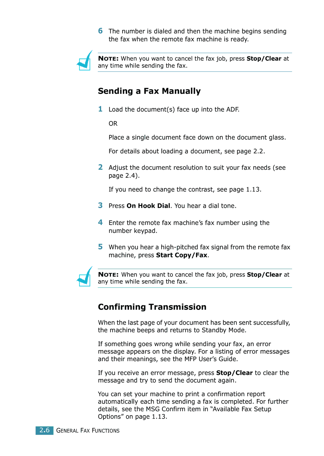 Samsung SCX-4216F manual Sending a Fax Manually, Confirming Transmission 