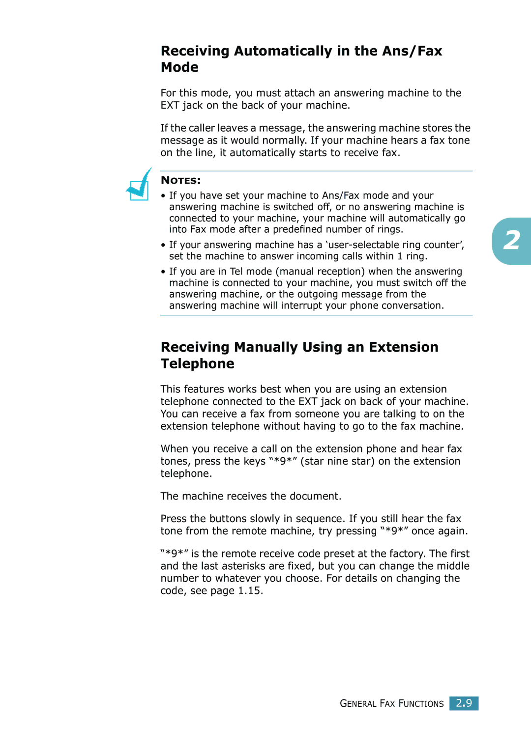 Samsung SCX-4216F manual Receiving Automatically in the Ans/Fax Mode, Receiving Manually Using an Extension Telephone 