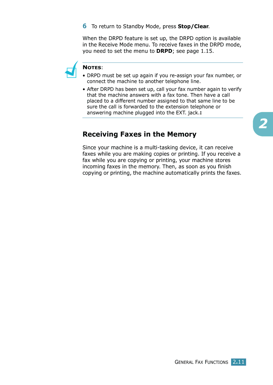 Samsung SCX-4216F manual Receiving Faxes in the Memory, To return to Standby Mode, press Stop/Clear 