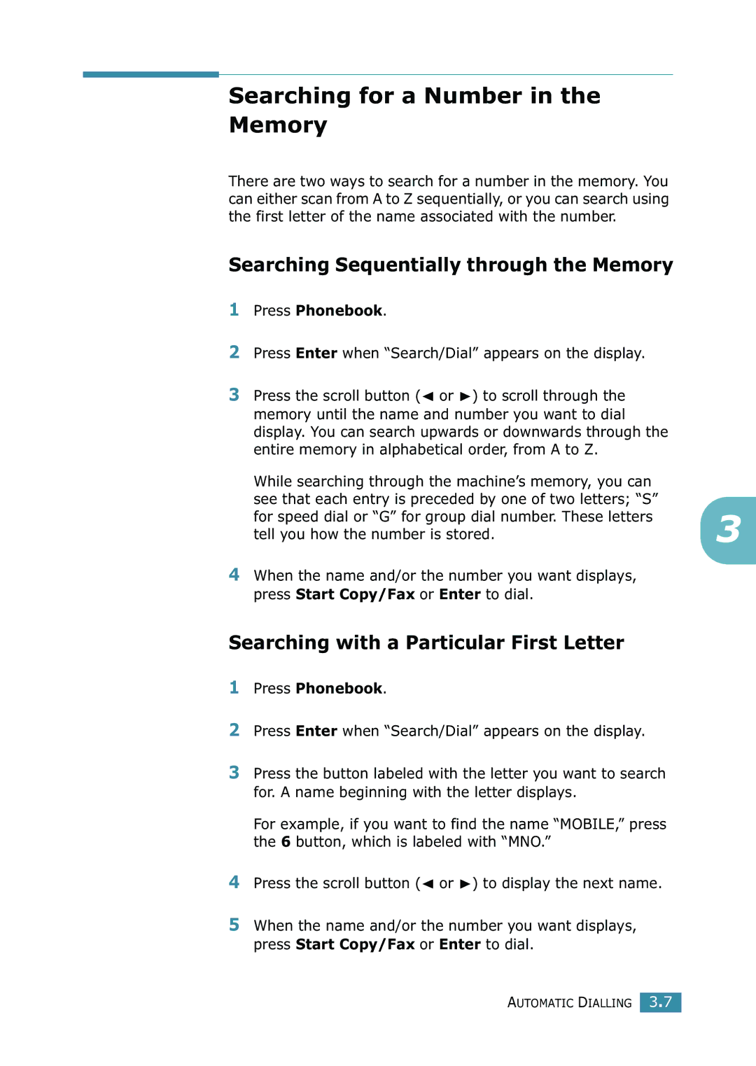 Samsung SCX-4216F manual Searching for a Number Memory, Searching Sequentially through the Memory, Press Phonebook 