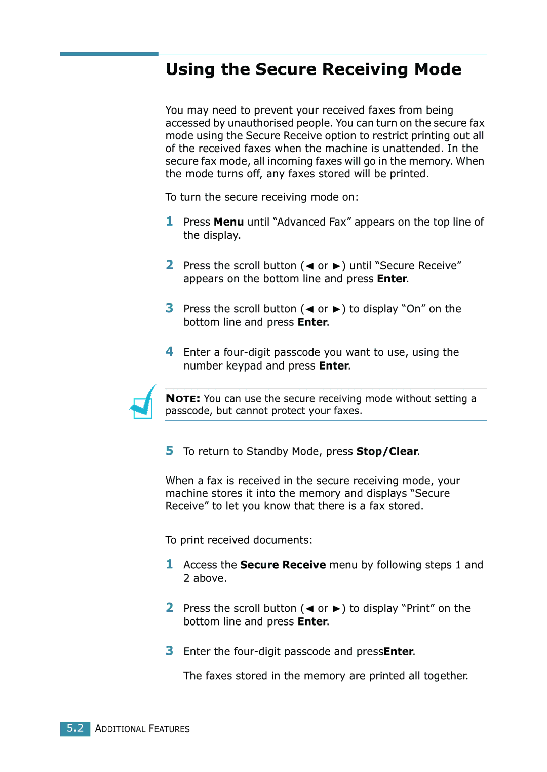 Samsung SCX-4216F manual Using the Secure Receiving Mode 