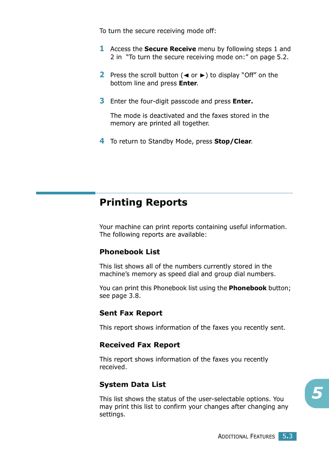 Samsung SCX-4216F manual Printing Reports, Phonebook List, Sent Fax Report, Received Fax Report, System Data List 