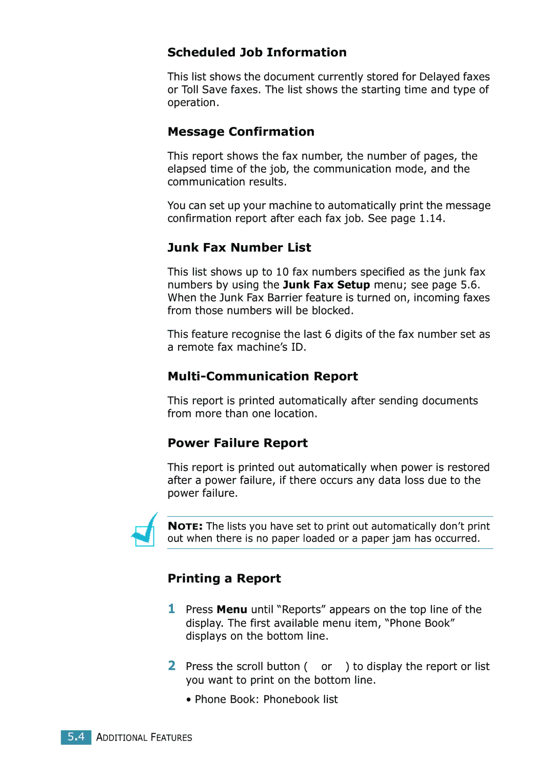 Samsung SCX-4216F manual Scheduled Job Information, Message Confirmation, Junk Fax Number List, Multi-Communication Report 