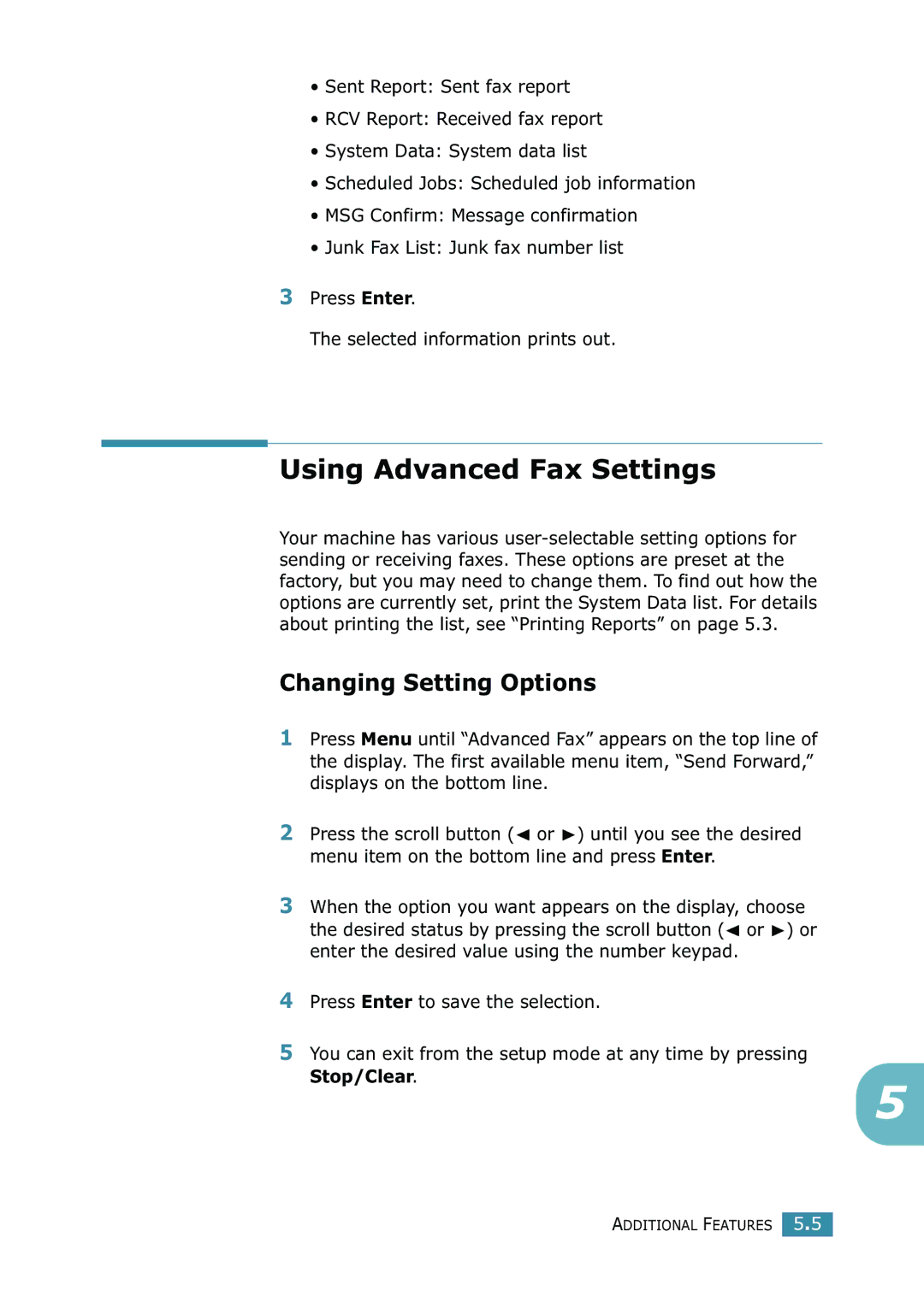 Samsung SCX-4216F manual Using Advanced Fax Settings, Changing Setting Options 