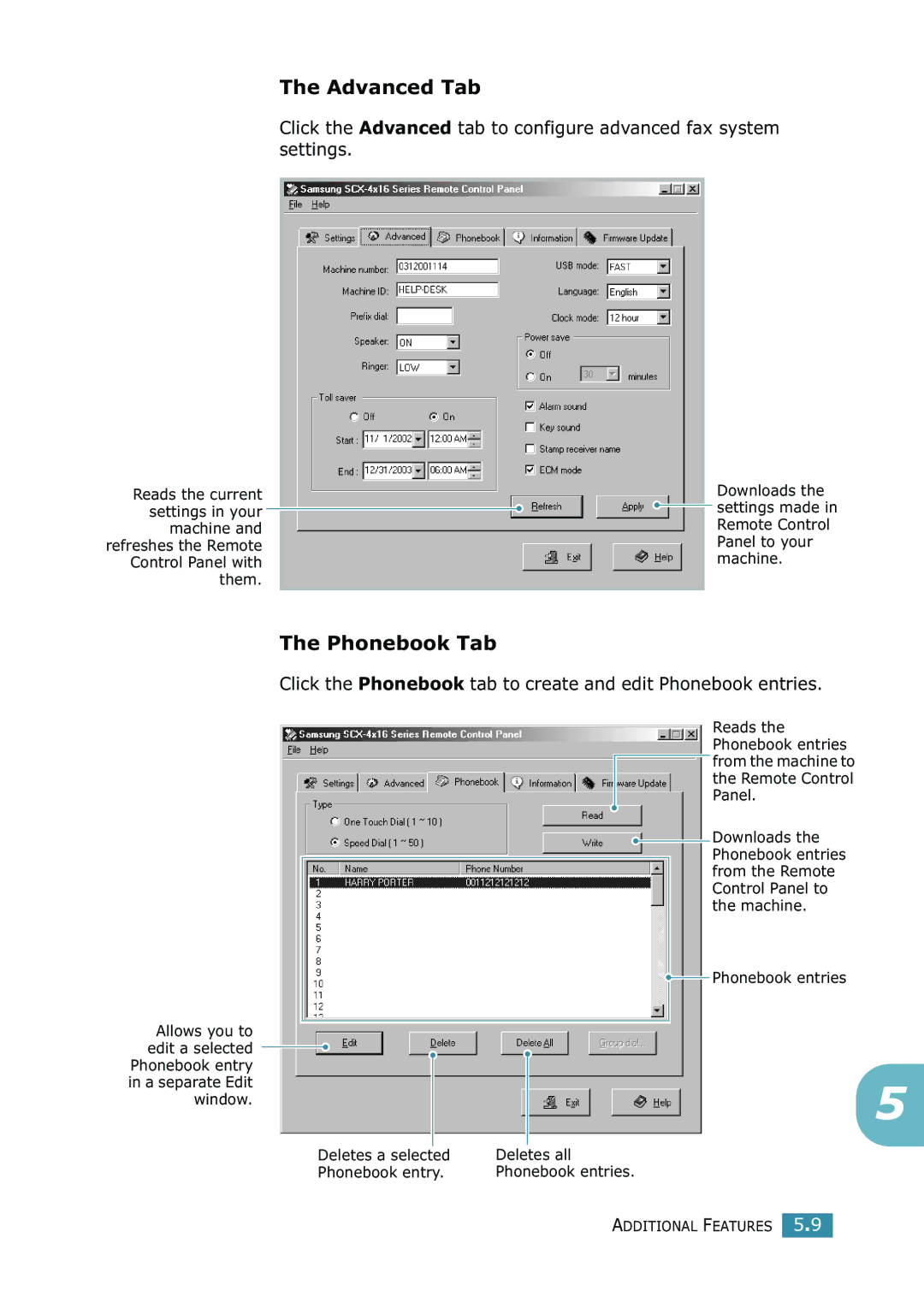 Samsung SCX-4216F manual Advanced Tab, Phonebook Tab 