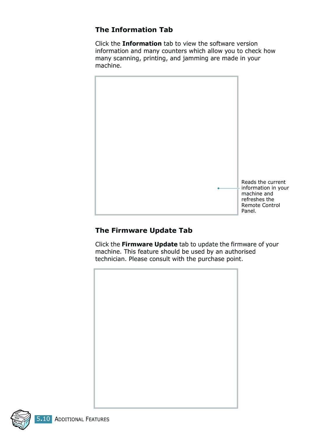 Samsung SCX-4216F manual Information Tab, Firmware Update Tab 