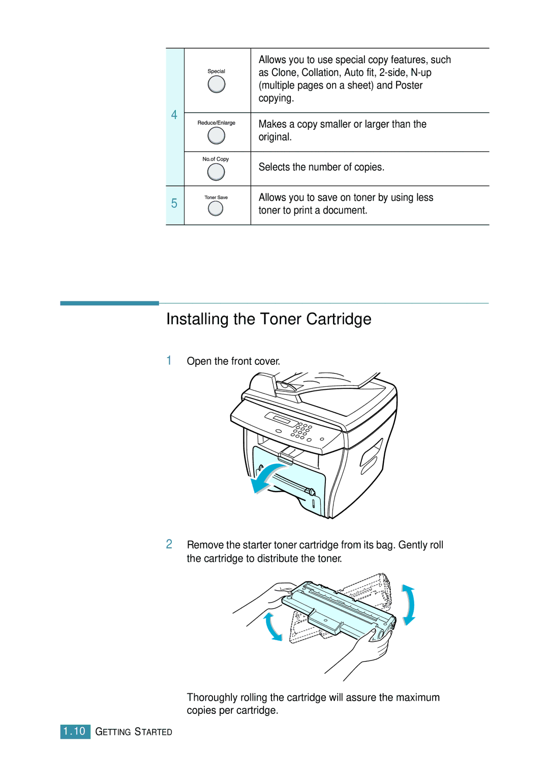 Samsung SCX-4216F manual Installing the Toner Cartridge 