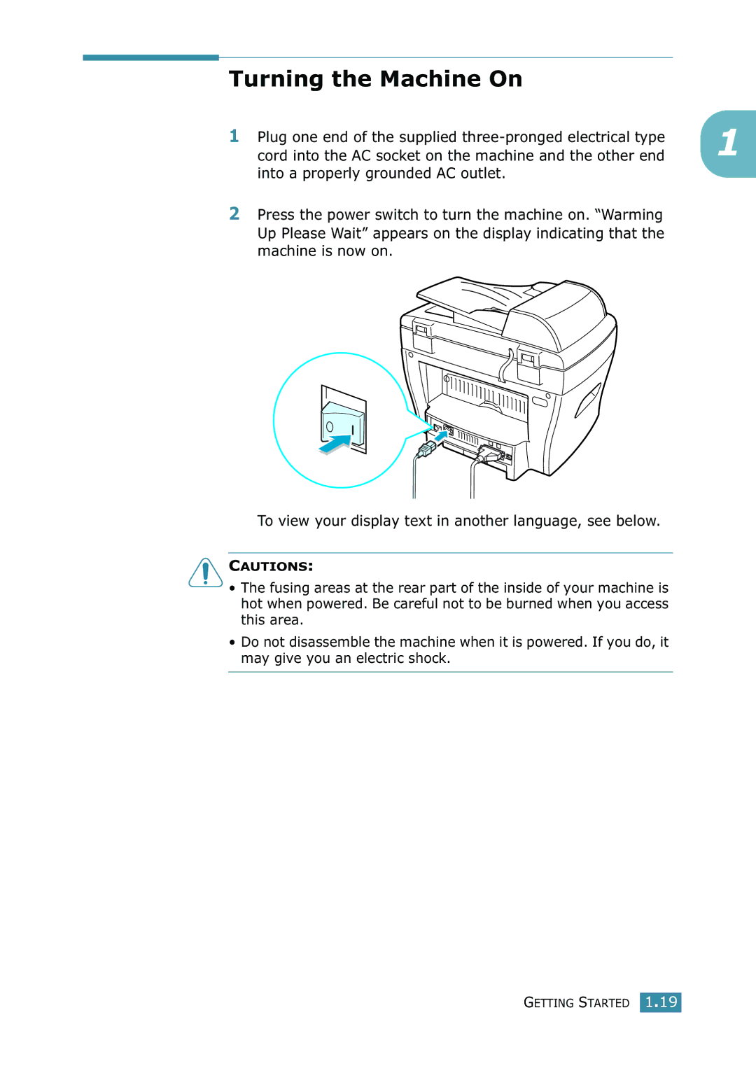 Samsung SCX-4216F manual Turning the Machine On, Cord into the AC socket on the machine and the other end 