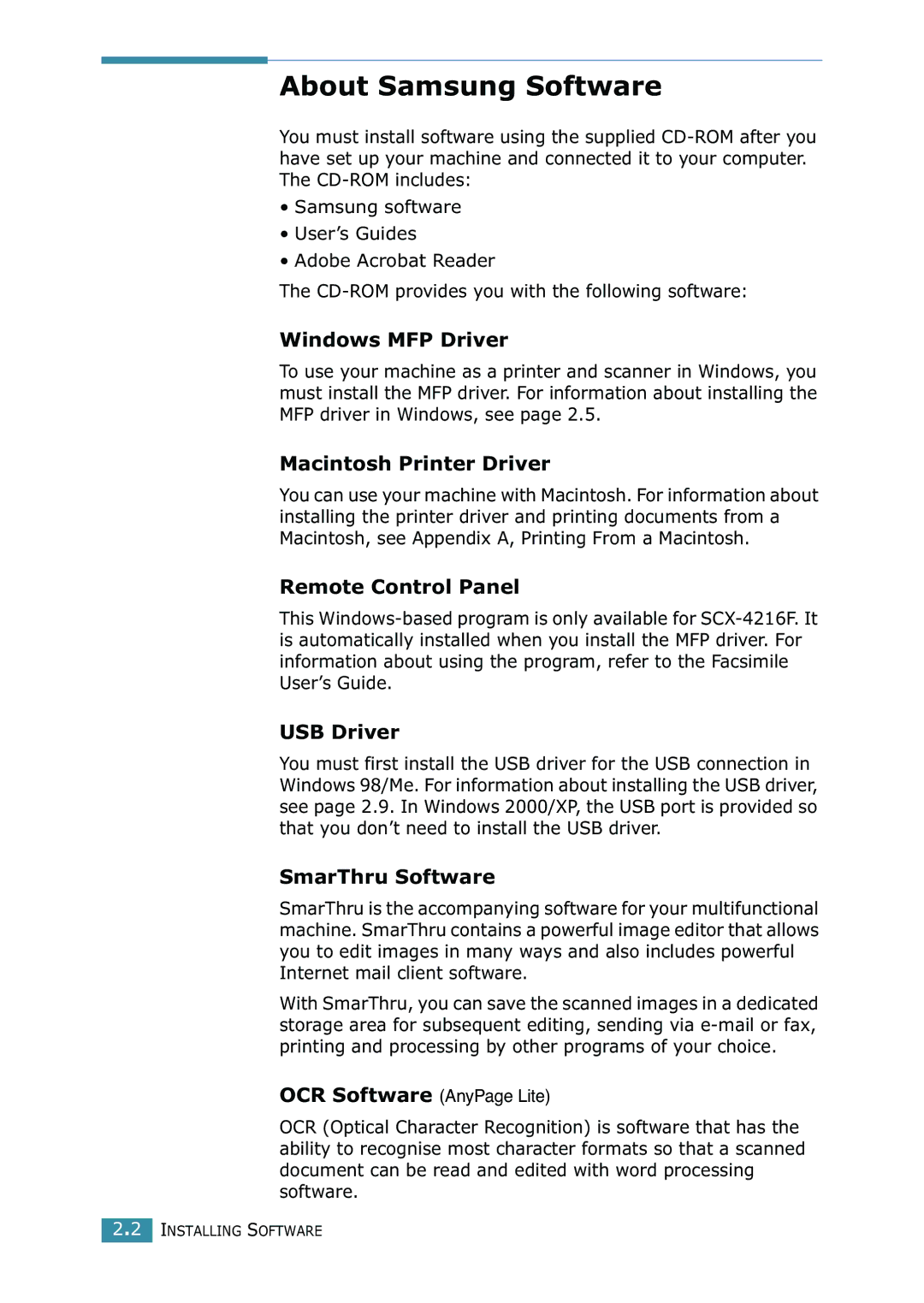 Samsung SCX-4216F manual About Samsung Software 