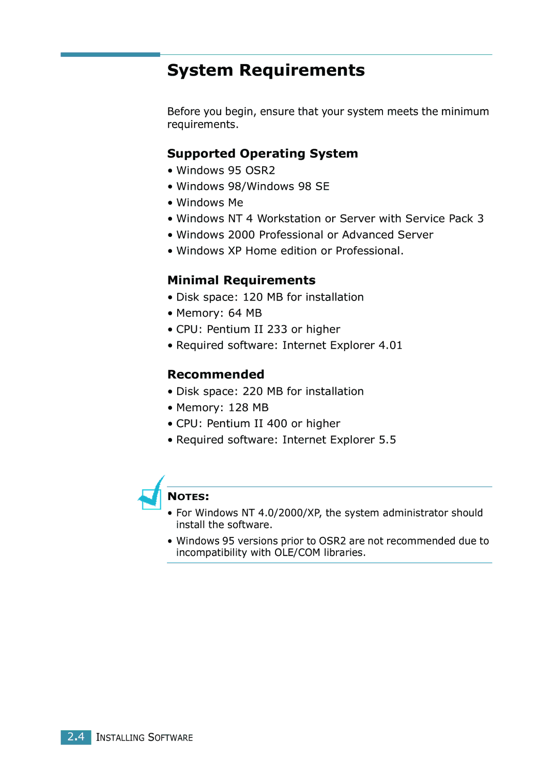 Samsung SCX-4216F manual System Requirements, Supported Operating System, Minimal Requirements, Recommended 