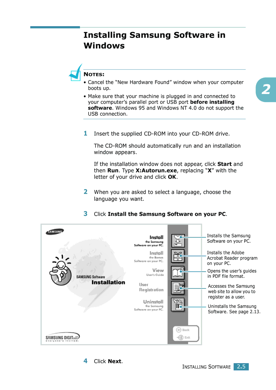 Samsung SCX-4216F manual Installing Samsung Software in Windows, Boots up, Click Install the Samsung Software on your PC 