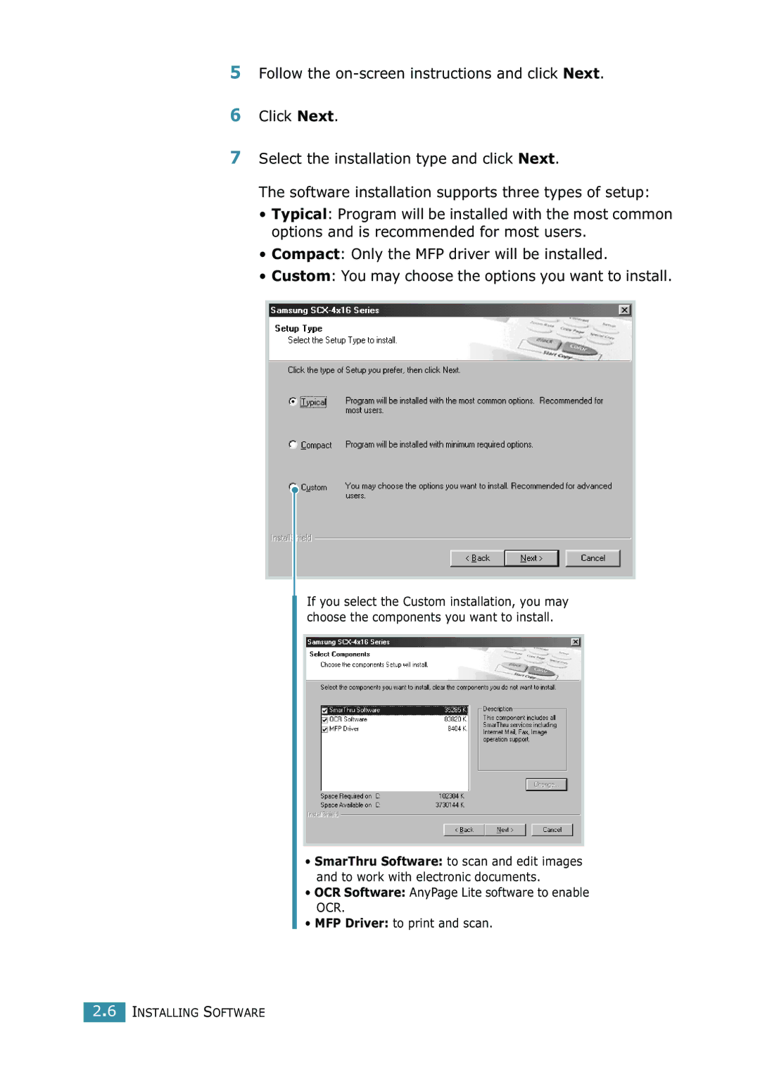 Samsung SCX-4216F manual Installing Software 