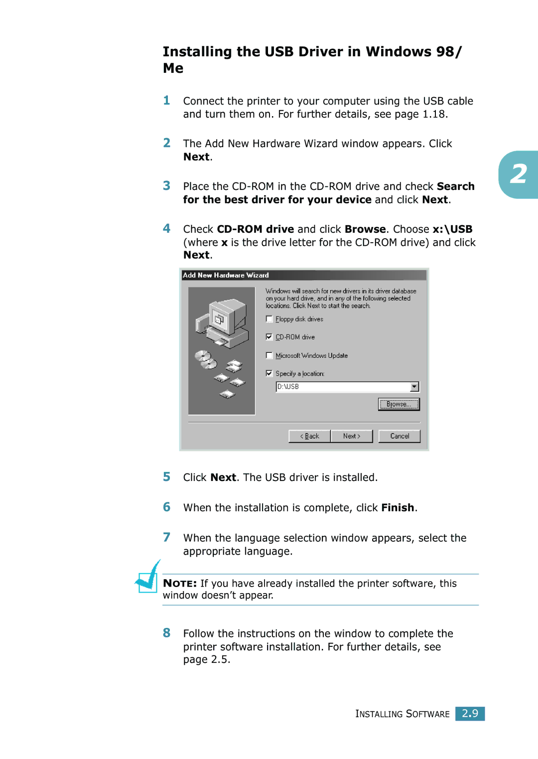 Samsung SCX-4216F manual Installing the USB Driver in Windows 98/ Me, Add New Hardware Wizard window appears. Click Next 