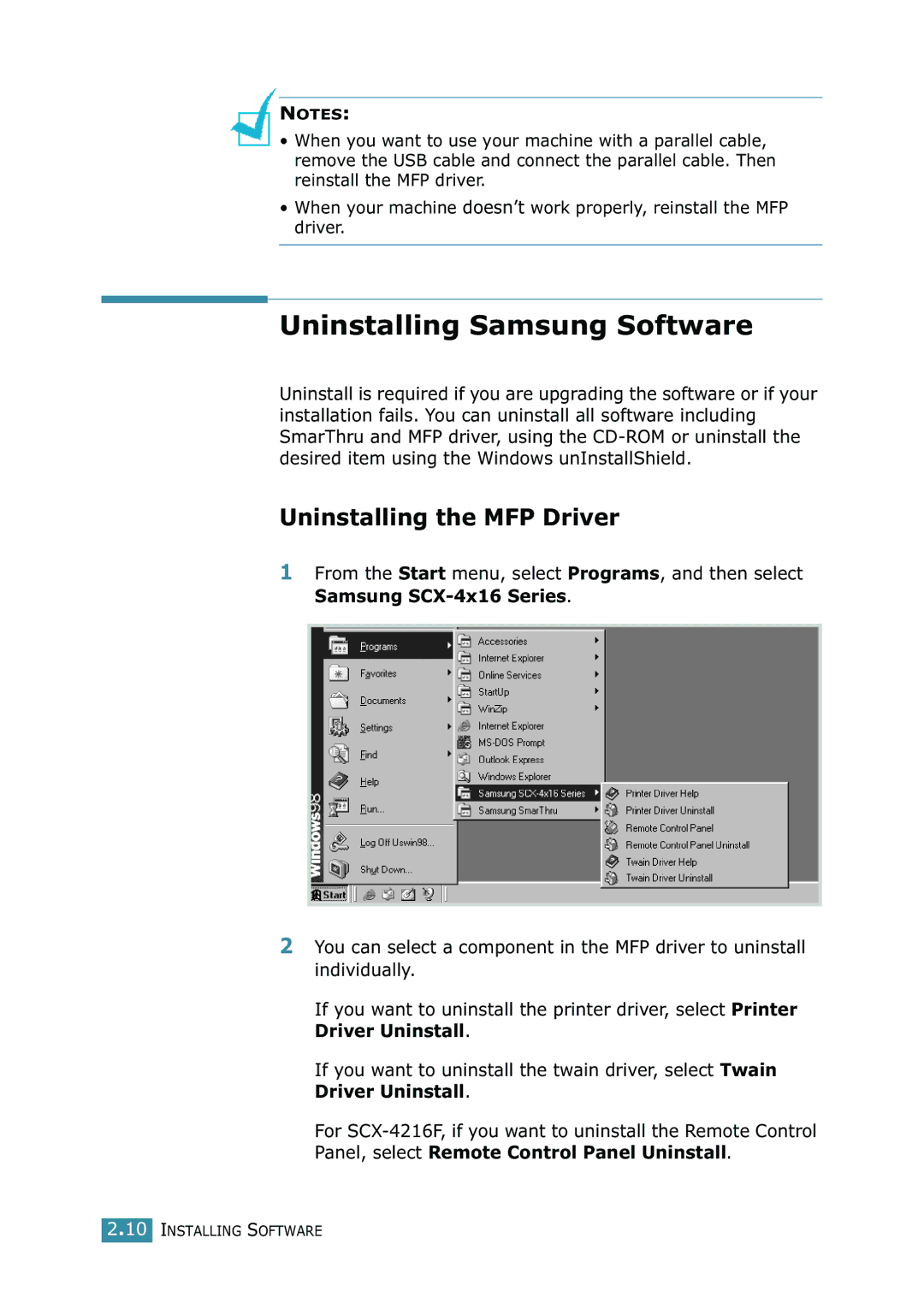 Samsung SCX-4216F manual Uninstalling Samsung Software, Uninstalling the MFP Driver 