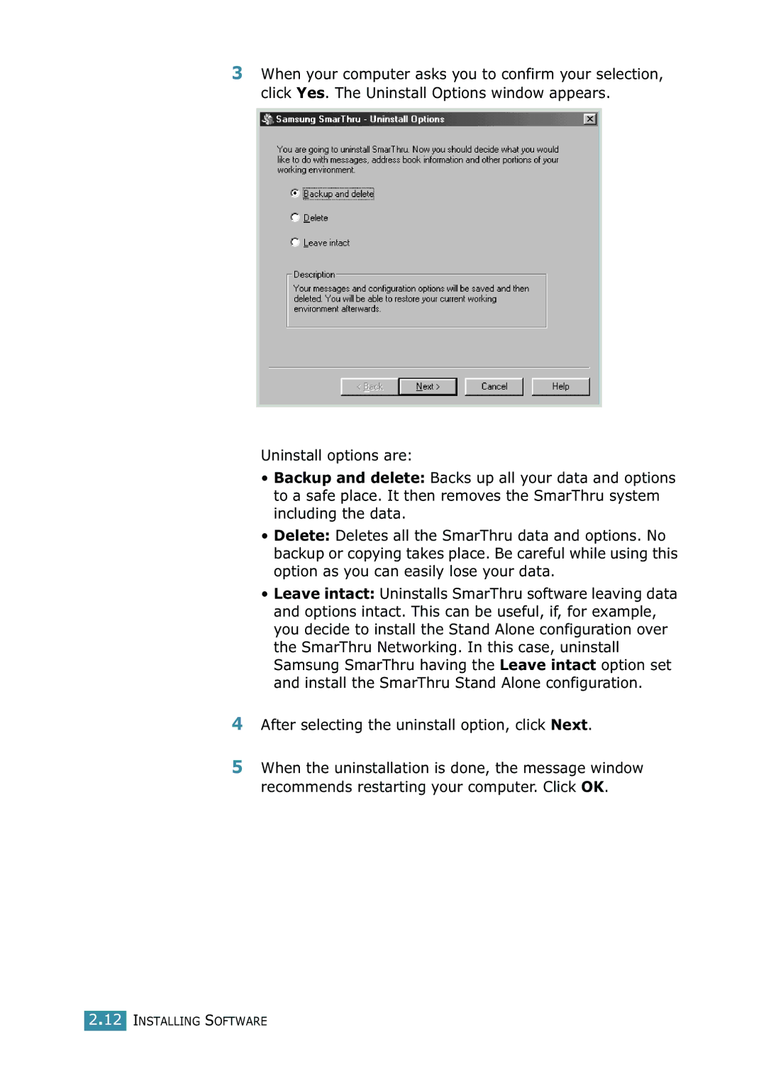 Samsung SCX-4216F manual After selecting the uninstall option, click Next 