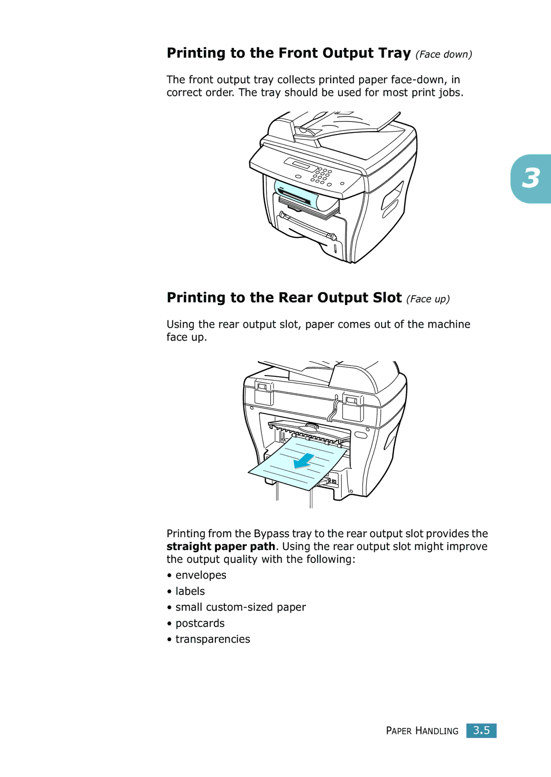 Samsung SCX-4216F manual Printing to the Front Output Tray Face down, Printing to the Rear Output Slot Face up 