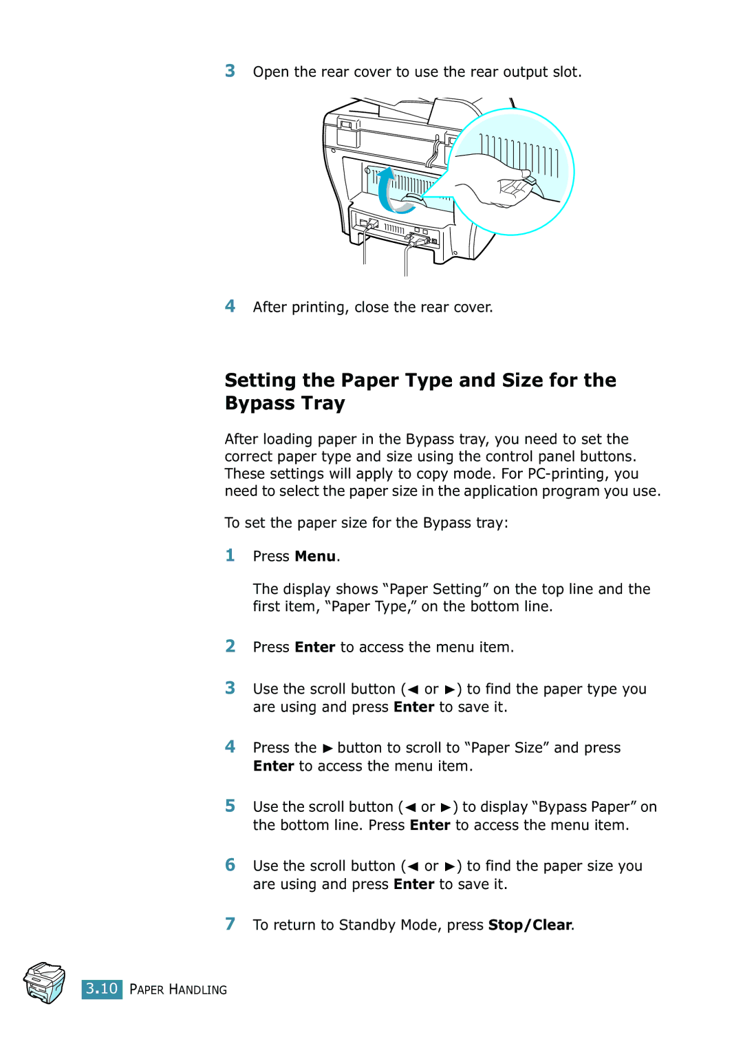 Samsung SCX-4216F manual Setting the Paper Type and Size for the Bypass Tray 