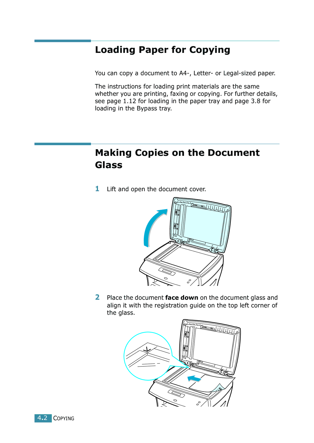 Samsung SCX-4216F manual Loading Paper for Copying, Making Copies on the Document Glass 