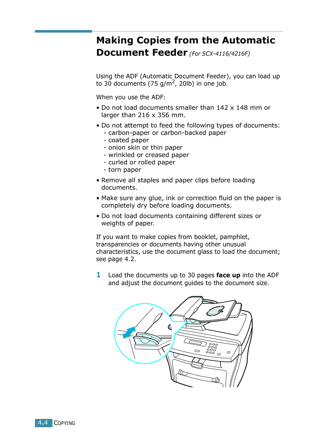 Samsung SCX-4216F manual Making Copies from the Automatic, Document Feeder For SCX-4116/4216F 