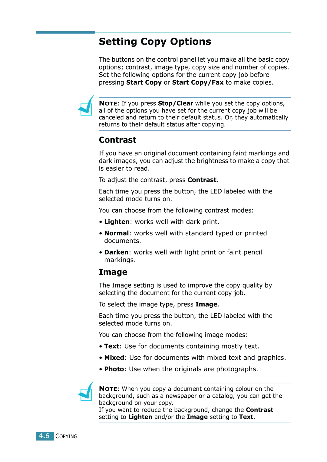 Samsung SCX-4216F manual Setting Copy Options, Contrast, Image 