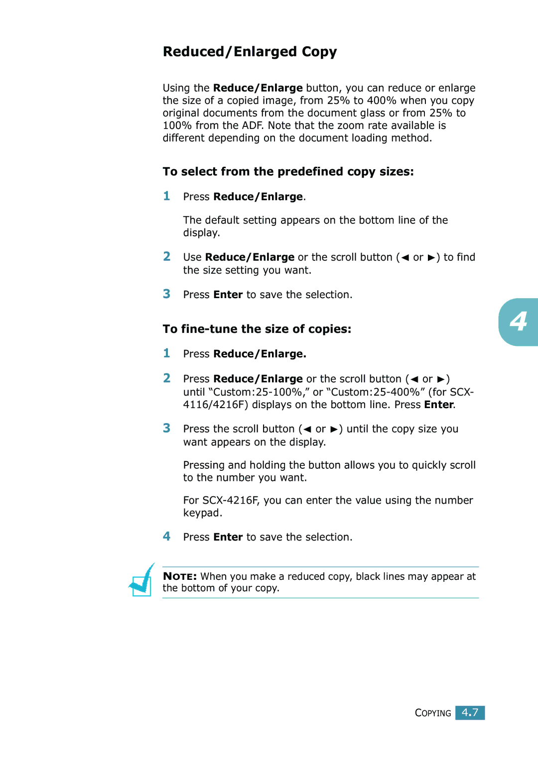 Samsung SCX-4216F manual Reduced/Enlarged Copy, To select from the predefined copy sizes, To fine-tune the size of copies 