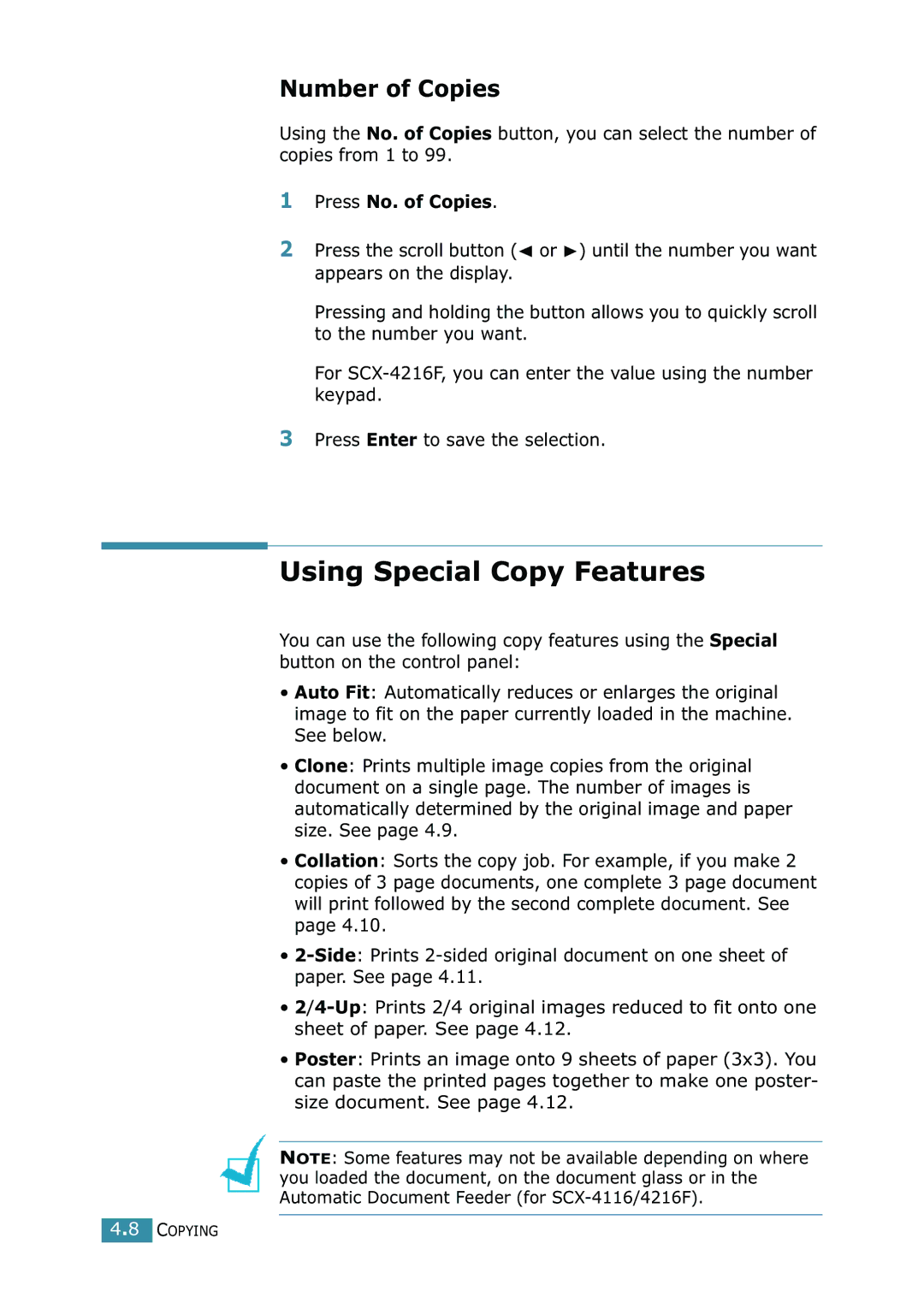 Samsung SCX-4216F manual Using Special Copy Features, Number of Copies, Press No. of Copies 