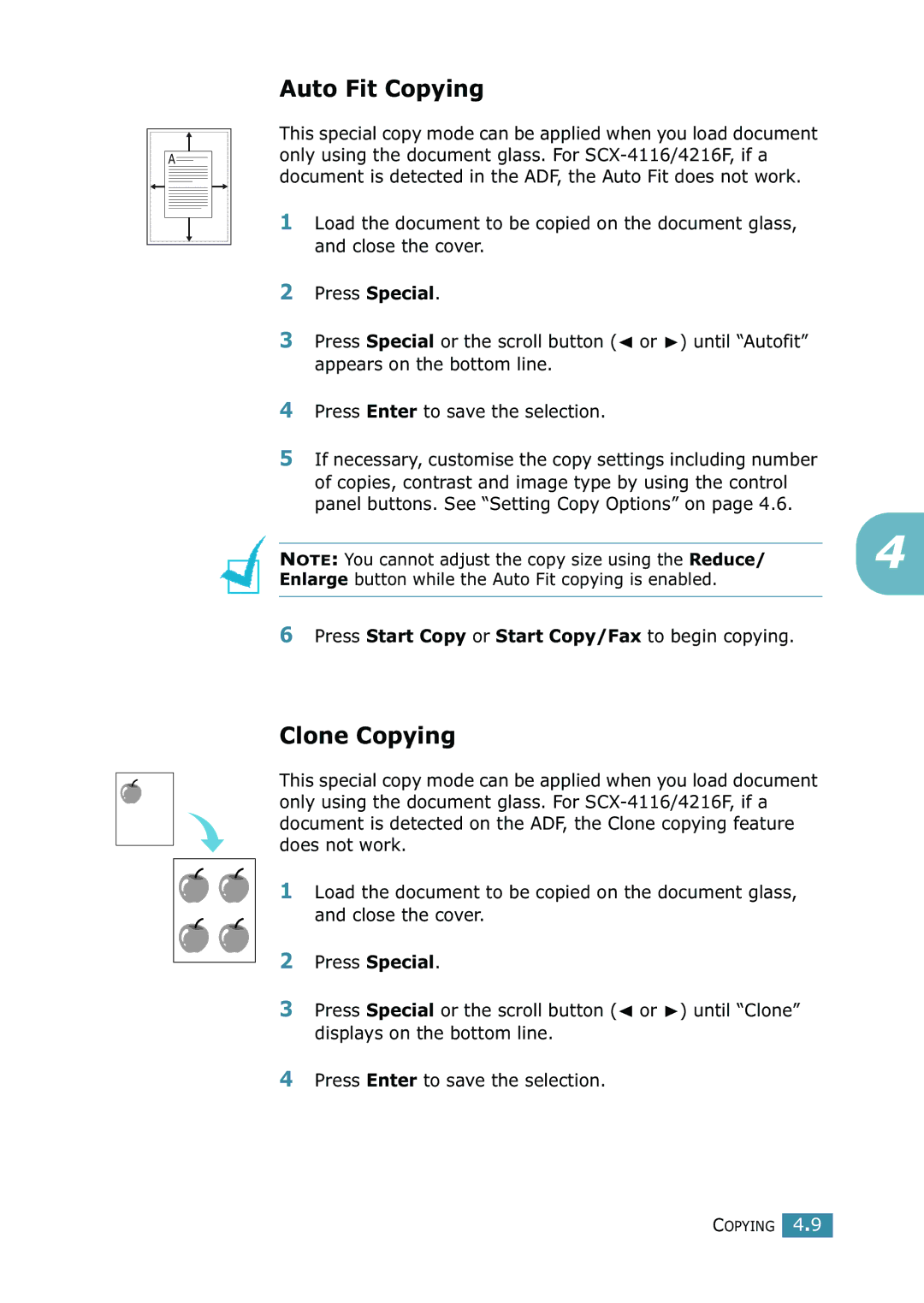 Samsung SCX-4216F manual Auto Fit Copying, Clone Copying, Enlarge button while the Auto Fit copying is enabled 